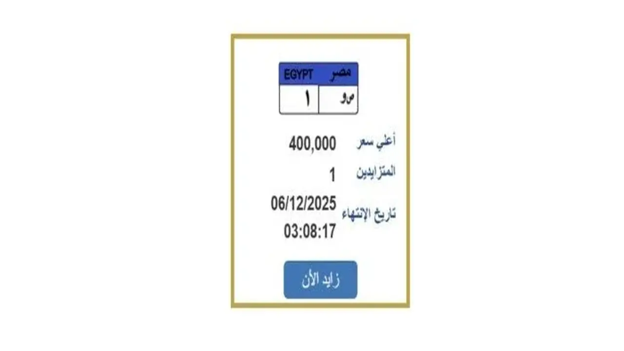 سعر لوحة السيارة المميزة يرتفع إلى 400 ألف جنيه مع خطوات التزايد الأخيرة